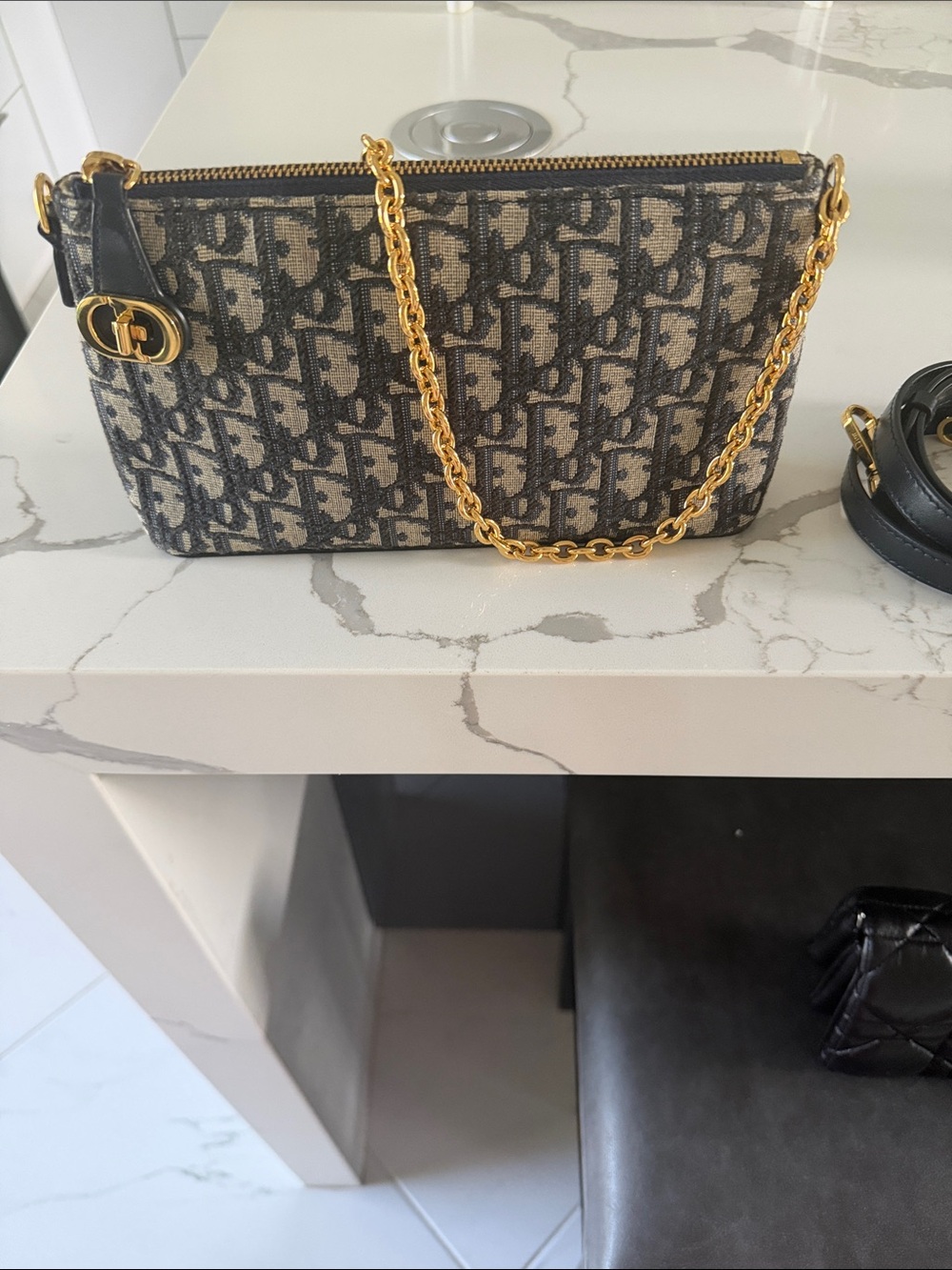 Dior Monogram Canvas Clutch in Beige and Black with Gold Chain